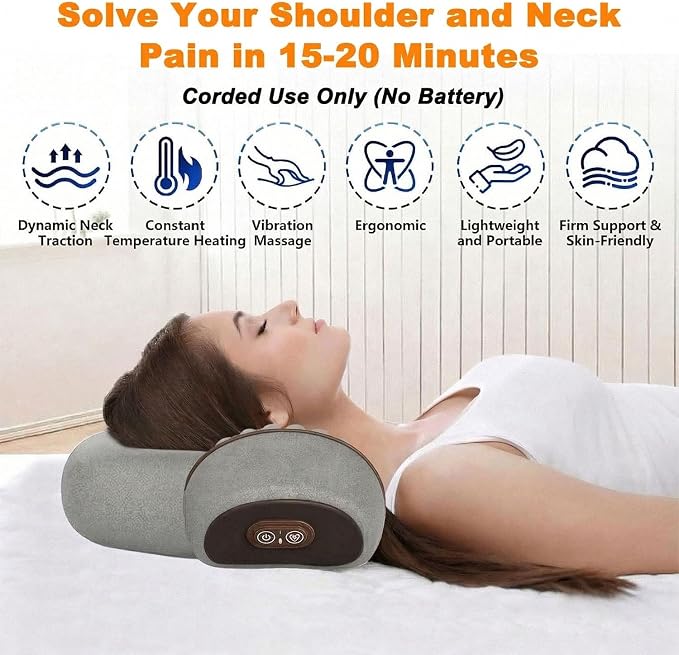 3-in-1 Neck Massager Pillow with Heat, Soothing Vibration & Cervical Traction for Pain Relief, Corded Electric Posture Support & Shoulder Relaxer for Home Office, Gifts for Men/Women (Dark Gray)