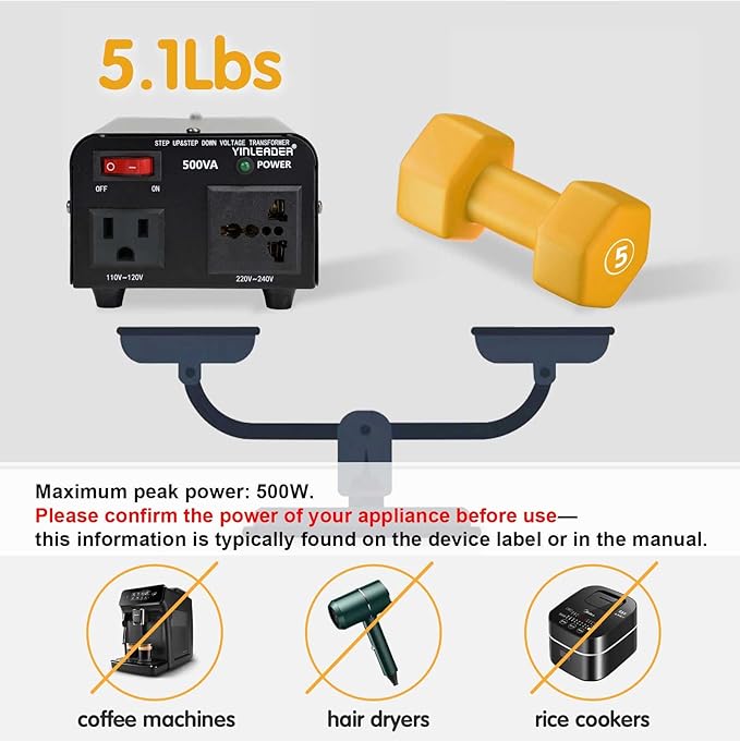 Yinleader 500W Voltage Transformer Power Converter(110V to 220V, 220V to 110V) Step Up/Down Converter 110/120 Volt - 220/240 Volt w/US Power Cord [300W Continuous Power]