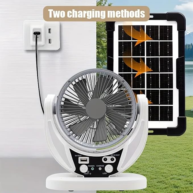 Camping Fan with Solar Panel, Rechargeable Battery Powered Tent Fan with LED Light & Bulbs, Portable Desk Fan for Outdoor Camping, Fishing, Hurricane, Home Emergency