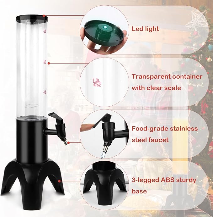 Beer Dispenser Margarita Tower, 50oz Mimosa Tower Dispenser with Ice Tube and LED Light, Tabletop Drink Tower Dispenser 1.6 qt for Beer, Margarita, Liquor, Beverage
