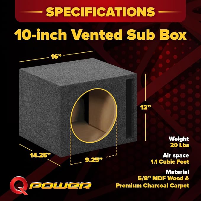 QPower Single 10-Inch Vented Unloaded Subwoofer Speaker Box – Solid 5/8-Inch MDF Car Audio Box with Charcoal Carpet Covering