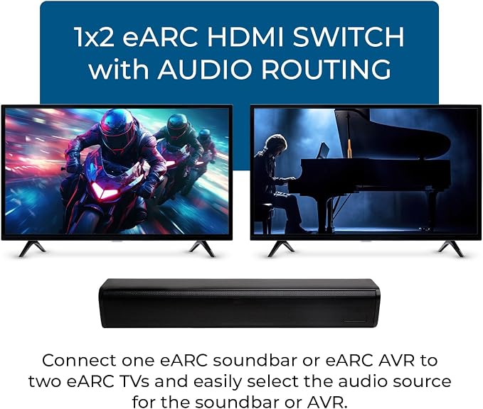 OREI eARC/ARC HDMI 2x1 Audio Switch – Connect One Soundbar/AV Receiver to Two eARC TVs, Supports Dolby Atmos, DTS:X, TrueHD, 32-Channel Audio, Auto/Manual Switching, Heavy-Duty Metal Housing