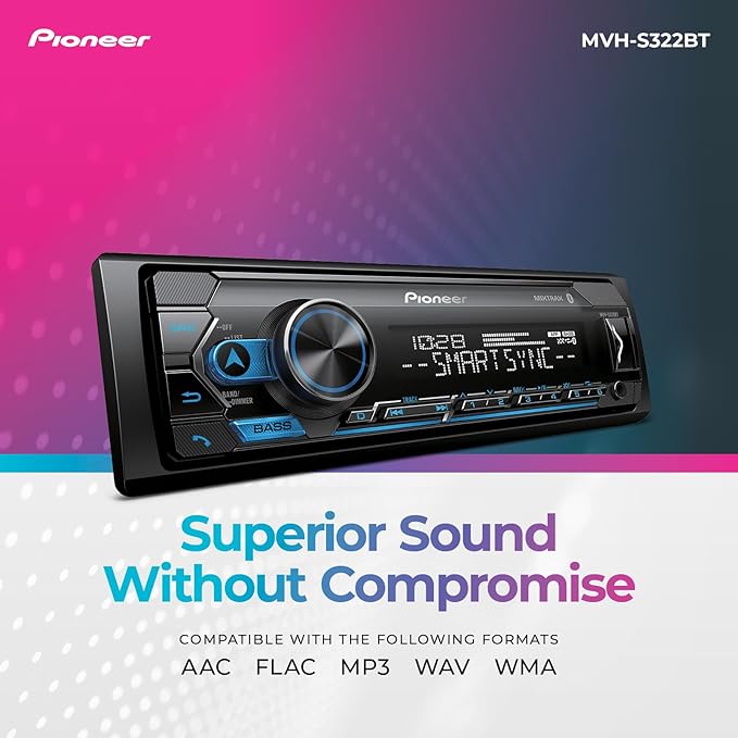 Pioneer MVH-S322BT 1-Din Digital Media Receiver – Bluetooth, USB, Color Change, FLAC, Voice Control, 50W x 4 Output, 13-Band EQ, AM/FM Radio, iPhone/Android Compatible, Front, Rear/SW Selectable RCA