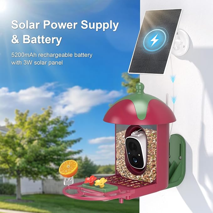 Smart Bird Feeder with Camera Outdoor Birdhouse: AI Identifies 11000+ Species, 2K HD with Arrival Alerts, Attracts Hummingbirds, Solar Powered, Gifts for Bird Lovers Mom Dad