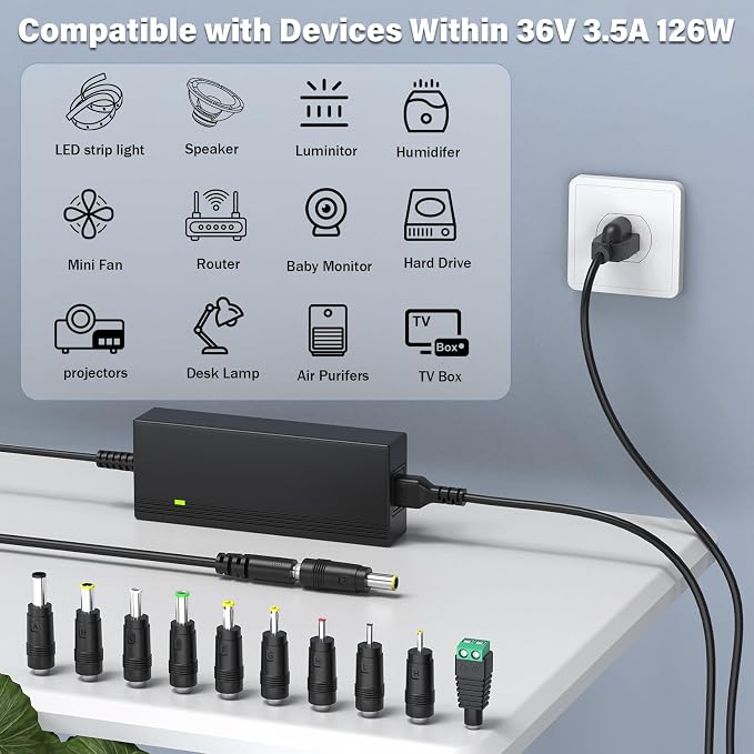 36V 3.5A 3A 2.5A Charger Power Cord with 10 DC Jacks,PERFEIDY 36Volt 2A 1.5A 1A 0.5A 2000mA 1500mA 1000mA 500mA DC in Adapter Power Supply