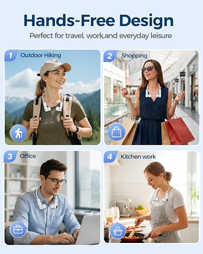 Portable Neck Fan, Hands-Free Personal Wearable Fan, 5 Speeds Strong Airflow, 4000mAh USB Rechargeable Bladeless Fan with LED Display, Detachable Handheld Fan for Outdoor Travel Office Home Gifts