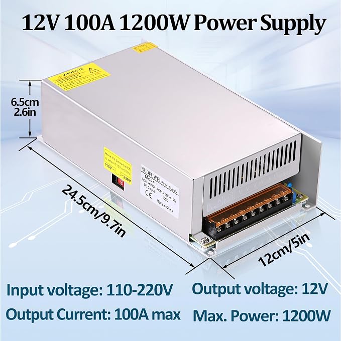 DC 12V 100A 1200W Switching Power Supply Adapter PSU AC-DC 12Volt Industrial Transformer Converter SMPS 110V/220V for Motor Pump LED Drive CCTV Security Camera Car Stereo and More 12V Device