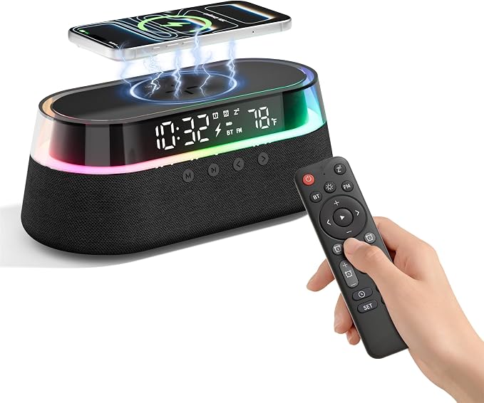 6-in-1 Bluetooth Speaker Alarm Clock with Remote, FM Radio & Dimmable LED Night Light, 15W Fast Wireless Charger, Dual Digital Clock for Bedroom Home Office, Ideal Gifts for Him, Men Women