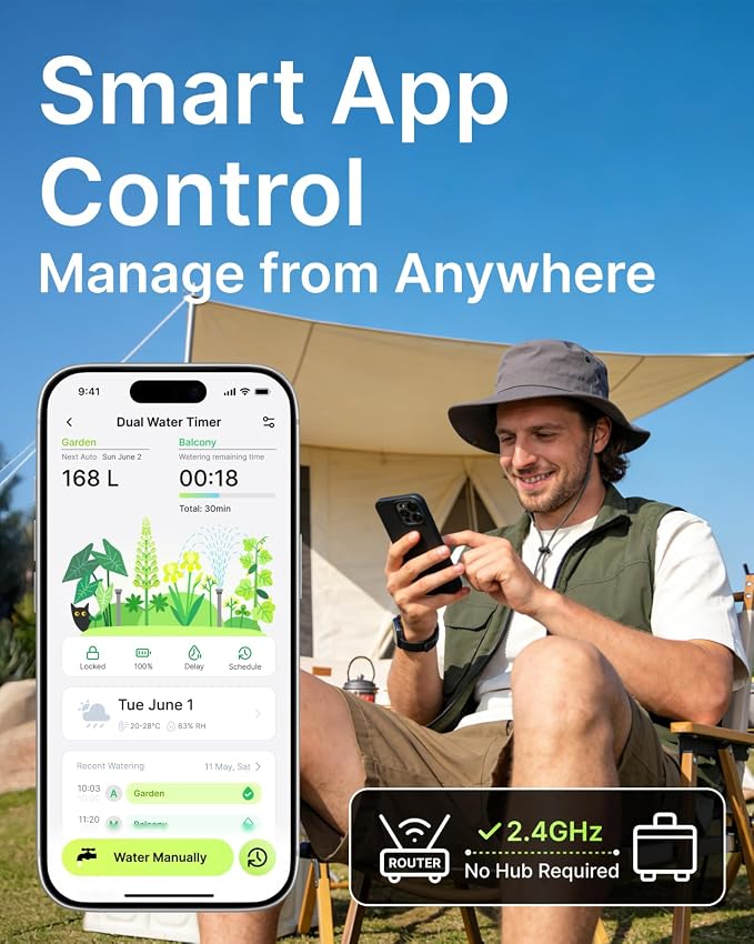 Solar WiFi Water Timer for Garden Hose, 2-Zone Sprinkler Controller with Flow Meter, Smart Irrigation System with Rain Delay, Brass Inlet, APP & Voice Control, No Hub Required