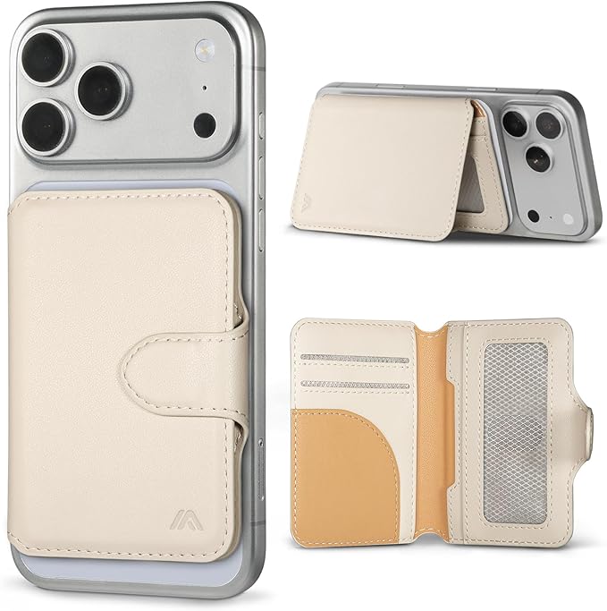 for MagSafe Wallet, Magnetic Phone Wallet RFID Blocking, Slim 5-8 Card Holder with Cash Slot & Clear ID Window, Minimalist Mag Safe Wallets for iPhone 17/16/15/14/13/12 Series, Oatmeal Beige