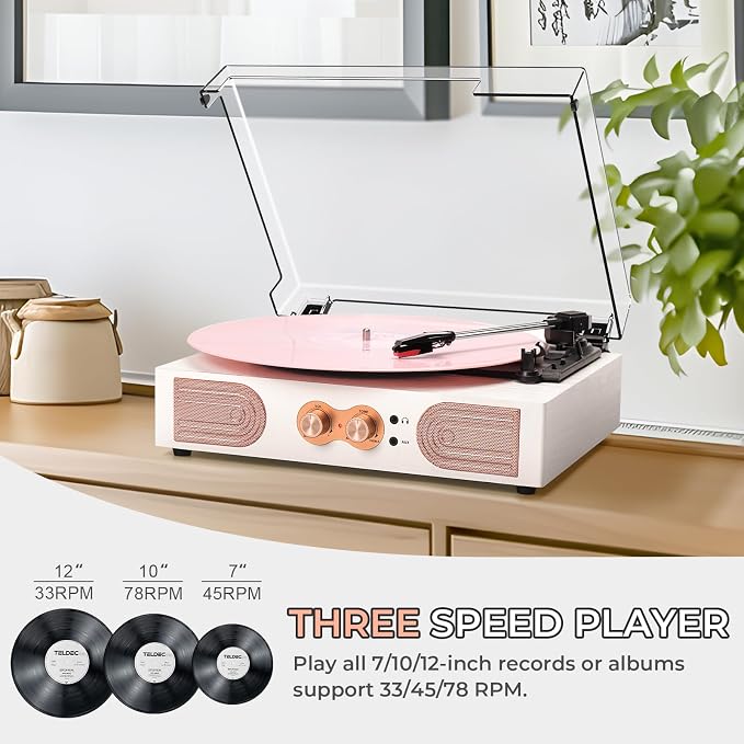 Vinyl Record Player with Built-in Speakers 3-Speed Vintage Record Player Support Treble& Bass Control, 3.5mm Headphone Jack, RCA-Out/Aux in, Belt-Driven LP Turntable,White Rose Gold