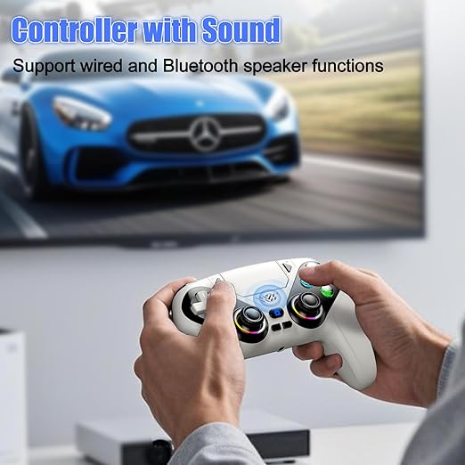 Dinosoo RGB Wireless Controller for PS5/PC/Mobile – Bluetooth Gamepad with Turbo, Macro, Dual Vibration, 6-Axis Gyro, 3.5mm Audio Jack, Built-in Speaker & 1000mAh Battery-White