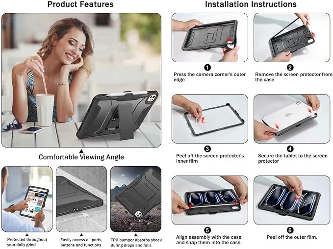 Soke Case for iPad Pro 11 Inch (M5) 2025/ (M4) 2024, with Built-in Screen Protector & Kickstand, Rugged Full Body Heavy Duty Protective Cover with Pencil Holder - Navy