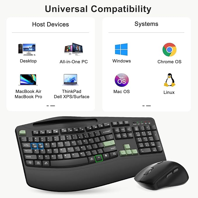 Wireless Keyboard and Mouse Combo, 2.4G Full Size Wave Keys Ergonomic Keyboard with Wrist Rest, Phone Holder, 3-Level DPI Wireless Silent Mouse with 6-Buttons, for Windows (Avocado Green and Black)