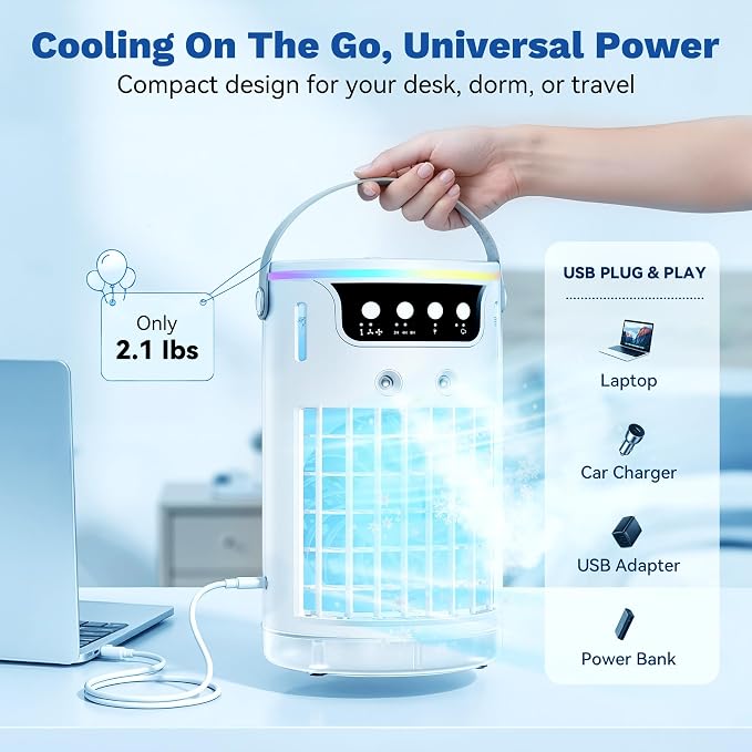 Portable Air Conditioners, Mini Evaporative Air Cooler 1200ML with Ice Cooling Mist, Fans That Blow Cold Air Like AC, Personal Swamp Cooler Quiet for Bedroom, Home Office Desk and Dorm