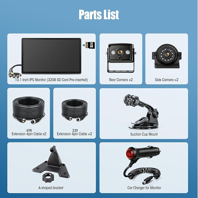 1080P Wired Backup Camera System, 10.1" DVR IPS Touchscreen + 4 IP69K Water/Dust Proof Rear & Side Cameras, Vibration-Proof 20G for Hitching, Farm Work, UTV, Trailer, Tractor, Truck, Combine