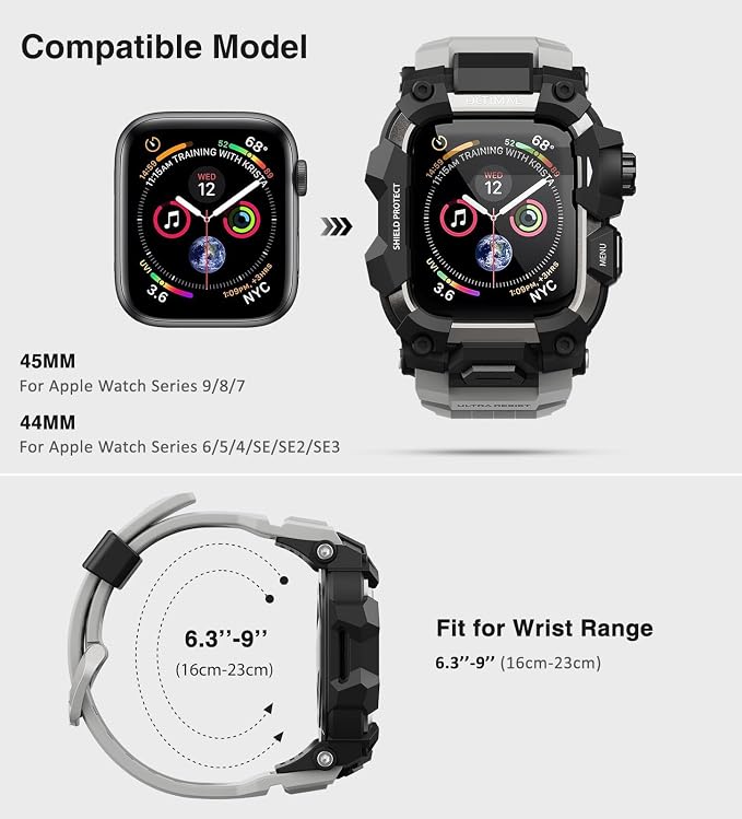 ULTIMAL Rugged Case with Band for Apple Watch Band 45mm,Compatible with Apple Watch Series 9/8/7 45mm Men,Military Grade Shockproof Bumper Cover for iWatch Tactical Men (45mm, Grey)