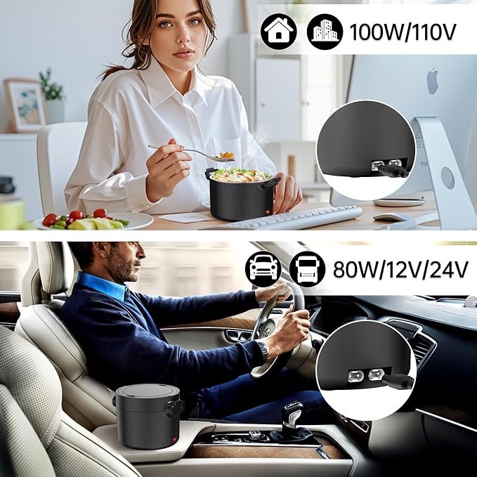 Electric Lunch Box Food Warmer, 34-Ounce Leakproof Portable Heated Lunch Container for Car, Truck, Office,Camping, 100W 12V/24V/110V/220V Bento Box Heater Gift For Women Men (Black)