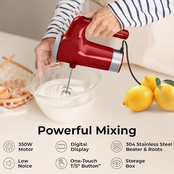 Electric Hand Mixer 350W, 9 Speed Handheld Mixer with Timer, Beaters, Whisks & Dough Hooks, Storage Case, Kitchen Mixer for Baking, Eggs, Cream, Cookie Dough & Frosting, Red