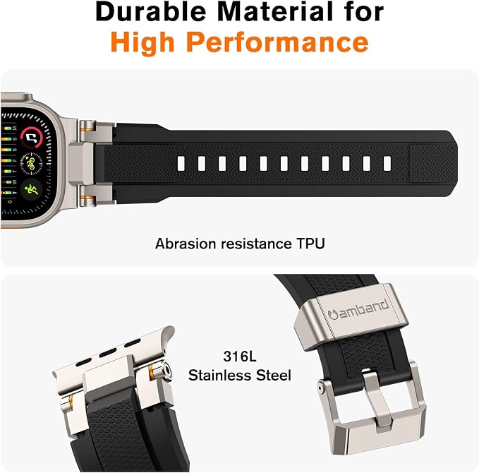 amBand Bands Compatible with Apple Watch Ultra 3/2/1 49mm, M1 Sport Series Rugged Durable Strap with Metal Connector to Match Ultra's Titanium Case for iWatch 49mm Men Titanium/Black
