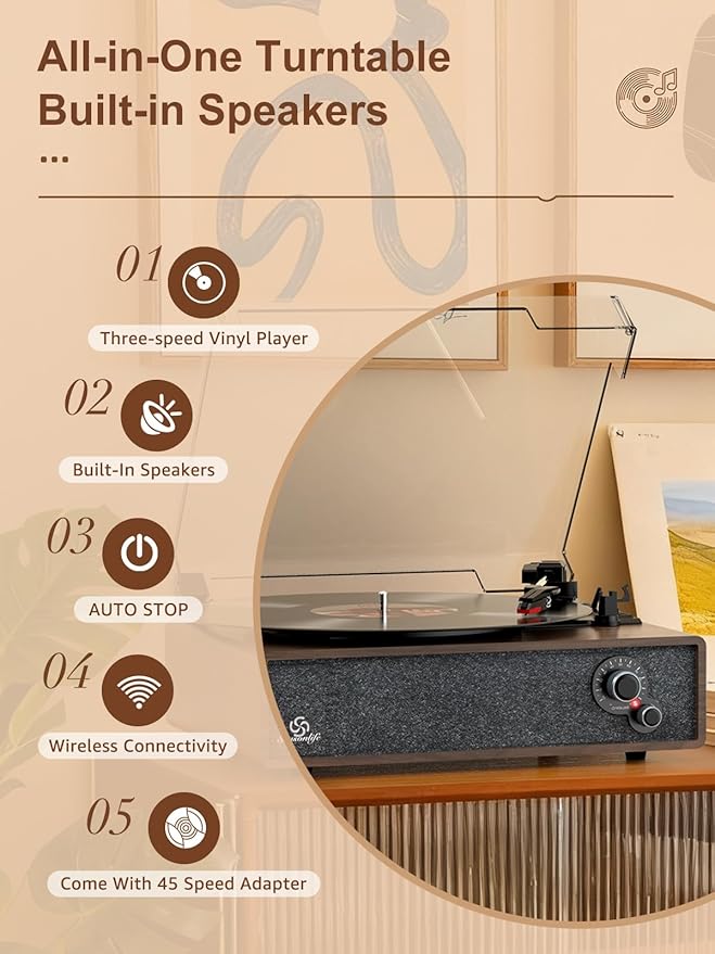 Record Player Vintage Turntable for Vinyl Records Built-in Stereo Speakers LP Phonograph Auto Stop Tone Adjustment Belt Drive 3 Speed 3 Size Support Wireless Input RCA Output Retro Coffee Brown