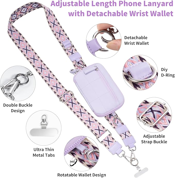 Tiostep Clip and Go Strap for Phone with Wallet Crossbody Phone Lanyard with Anti-Theft Zipper Pouch Detachable Quilted Wrist Wallet with RFID and ID Window for Daily Travel.