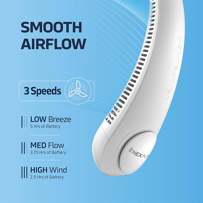 NEXAIR Portable Neck Fan Hands Free Cooling Lightweight Bladeless Neck Fan, 3 Speeds, 2400mAh Battery, 5H Runtime White