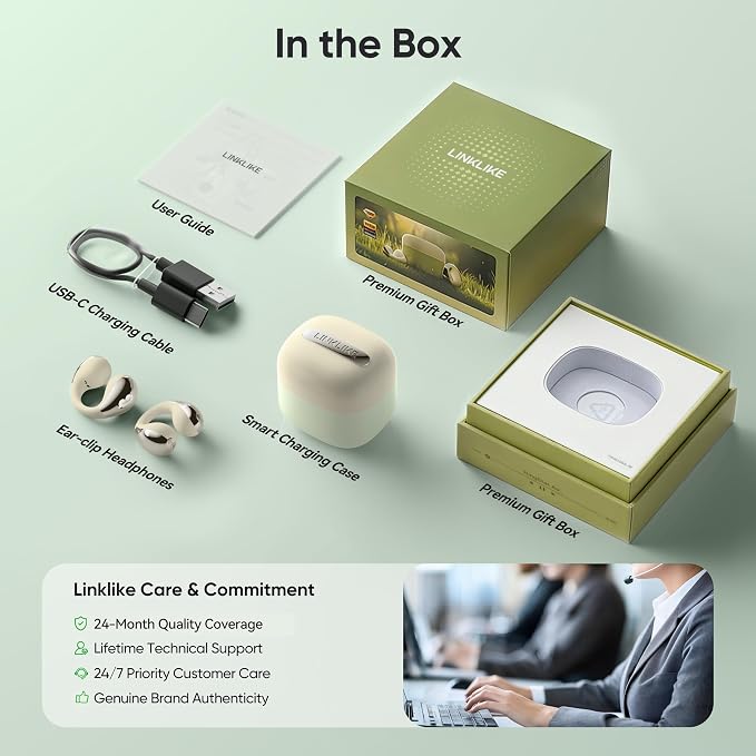 Linklike Most Comfortable Open Ear Clip On Earbuds [Patented Zero Pressure & Top Hi-Fi] Hi-Res LDAC, 40H+ Battery, AI Clear Calls & No Sound Leakage, Ultralight 5g Fit for All Ears, Ideal Gifts-Green