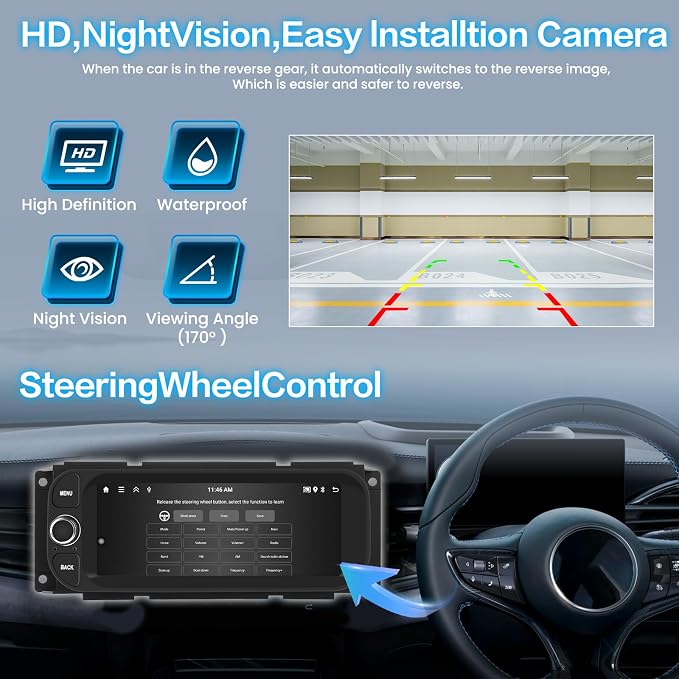 5Ghz WiFi [64G] Android Car Radio for Dodge Ram 2002-2006, Jeep Wrangler 2003-2006, Jeep Liberty 2002-2007, Jeep Grand Cherokee 1999-2004 – 6.86" HD Touchscreen with CarPlay Android Auto 2+64G GPS SWC