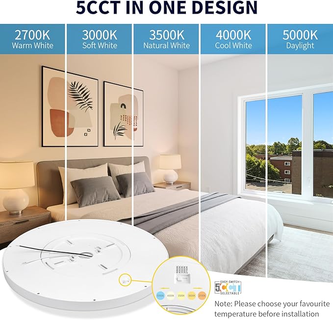 mw 16 Inch Flush Mount Ceiling Light, 30W, 120V, 5CCT 2700K/3000K/3500K/4000K/5000K, Dimmable Ultra Slim Modern LED Ceiling Light, Damp Location for Bedroom, Kitchen, Laundry Room, ETL Listed