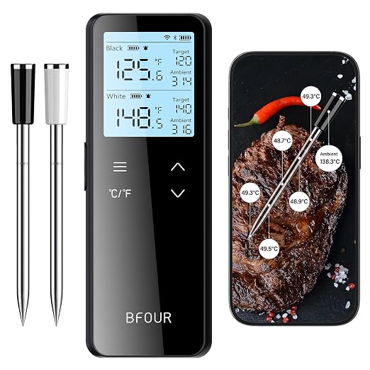 BFOUR Bluetooth Wireless Meat Thermometer with Smart Standalone Base, WiFi Unlimited Range, Dual Probes & 6 Precision Sensors, IP67 Waterproof Meat Probe Thermometer for Smoker, BBQ, Oven, Grill