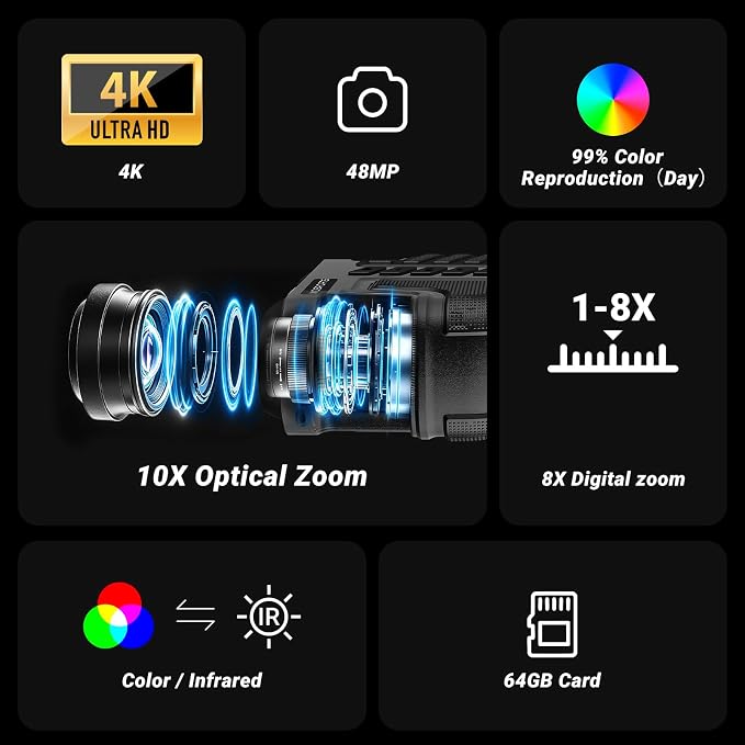 WOSPORTS 4K Night Vision Goggles - 48MP Photo, up to 80x Magnification, 10X Optical & 8X Digital Zoom, 1015FT Vision, 3" Screen, 5000mAh Rechargeable Battery, Outdoor Camping, Gift for Men