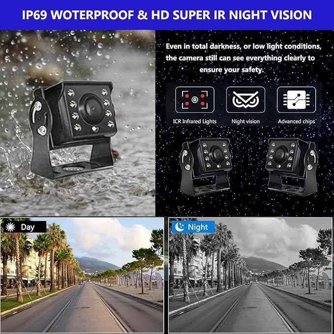 4K RV Backup Camera, 10.36" Touch Screen Monitor for Truck/Van/Trailer DVR Recording with Bluetooth FM MP5 IP69 Waterproof 1080P IR Night Vision Rear Side View Camera