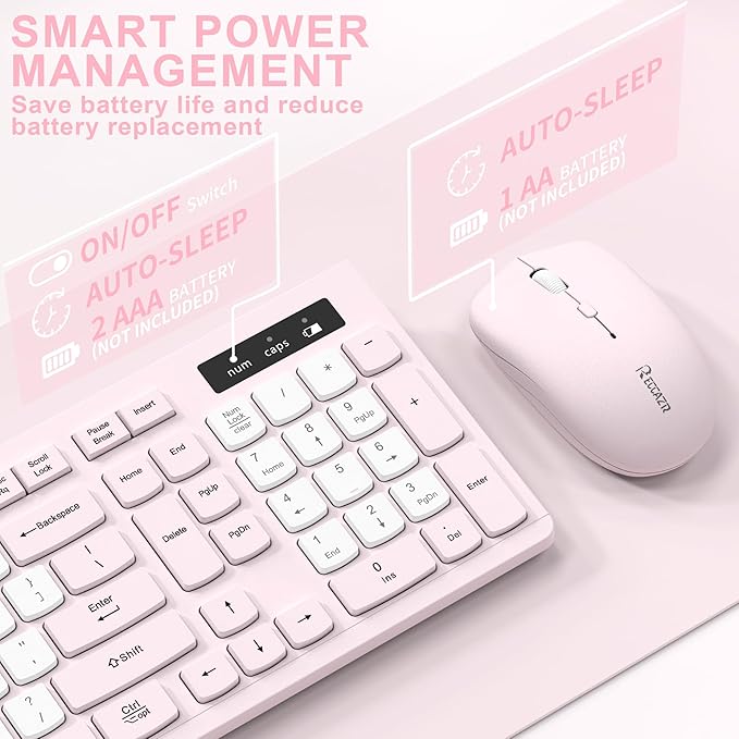 Wireless Keyboard and Mouse Combo, Full-Sized Quiet Wireless Keyboard and Adjustable DPI Mouse, 2.4GHz USB Receiver, Keyboard and Mouse for PC, Windows, Desktop, Laptop (Pink and White-B)