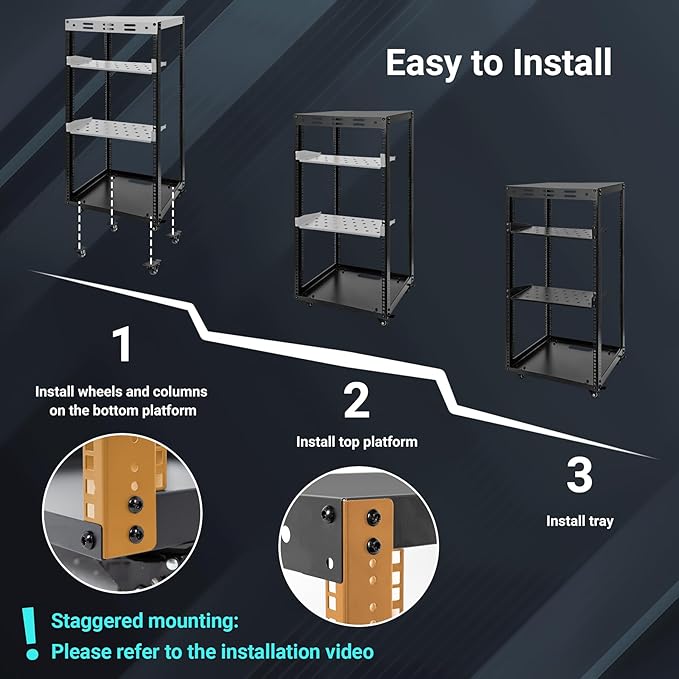 20U Server Rack w/ 2 Racks, Versatile Open Frame IT Rack - Wall-Mount, Rotate and Push w/Ease, AV Rack w/Top & Bottom Panels, Hook and Loop Straps for 19" Stereo/Data/IT/Computer Equipment