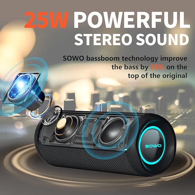 Wireless Portable Speaker,IPX7 Waterproof Bluetooth Speaker, 25W Loud Stereo Sound, Bassboom Technology, TWS Pairing, Built-in Mic, 16H Playtime with Lights for Home Outdoor - Black | 25W Stereo Sound, Bassboom Technology, TWS Pairing, Built-in Mic, 16...