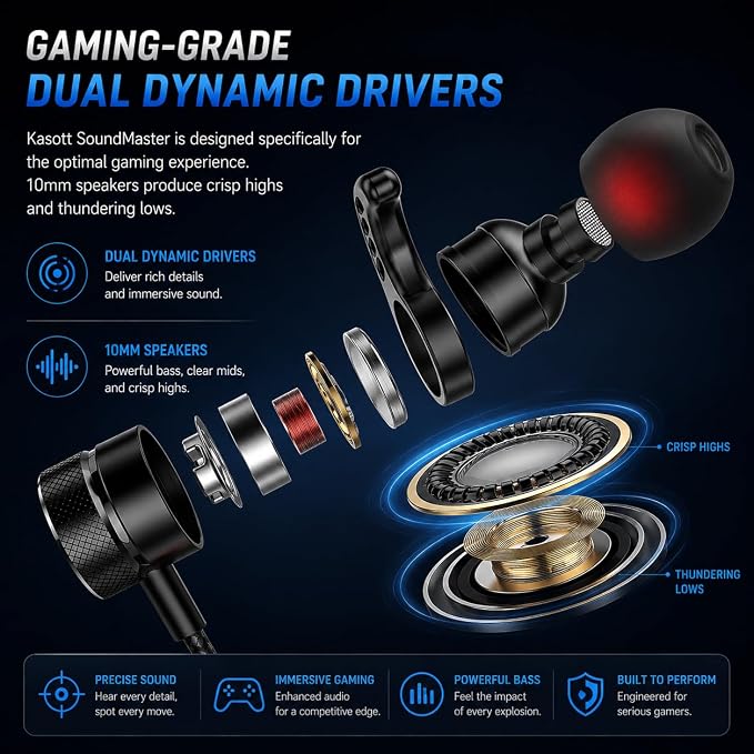 KASOTT SoundMaster Pro V1 - Gaming Earphones with Dual Audio Drivers,Battle Buds,in-Line Mic with Mute and Volume Control, Compatible with Xbox Series,Xbox One,PS5,PS4,Switch,Pc with 3.5mm Aux