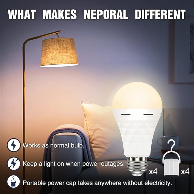Neporal A19 Rechargeable Light Bulbs, Socket Rechargeable Emergency Light Bulb for Power Failure, Battery Backup Bulbs for Home, Hurricane, Led Bulb 60 Watt Equiv. (Soft White, 4 Count (Pack of 1))