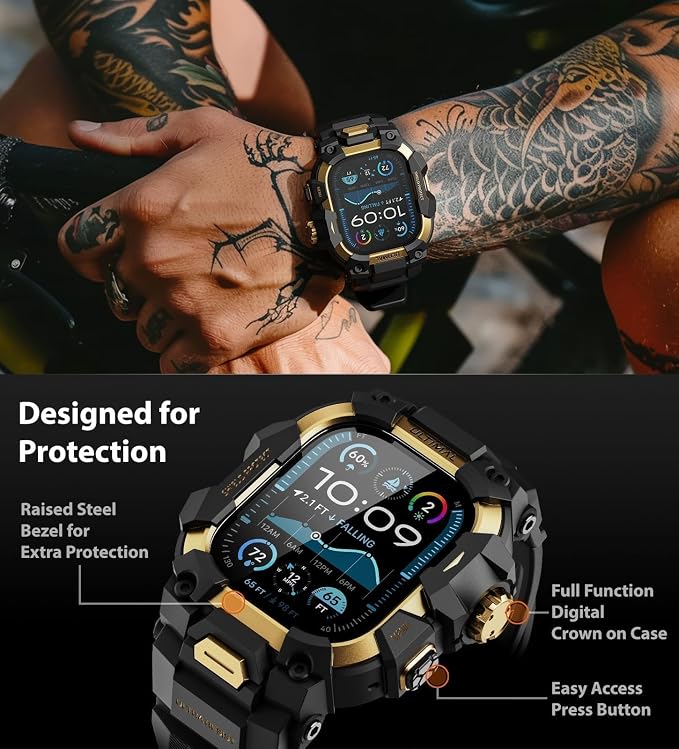 ULTIMAL Rugged Case with Band for Apple Watch 49mm,Compatible with Apple Watch Ultra 3/2/1, Military Grade Shockproof Bumper Cover for iWatch Tactical Band Men (49mm,Gold)