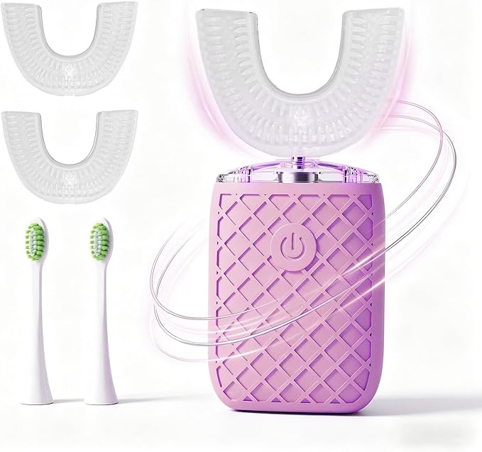 Sonic Electric U Shaped Toothbrush for Adults, Automatic Full Mouth Cleaning Toothbrush, 360° Stain Removal, IPX7 Waterproof Rechargeable, 3 U-Shape & 2 Straight Brush Heads (Pink)