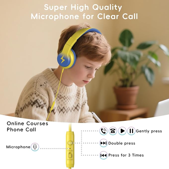 Candy Bila Kids Headphones, Wired Headphones for Kids Over Ear with Microphone, 85/94dB Volume Headphone for Girls Boys, Foldable Headphone for Learning & Entertainment, Light Yellow