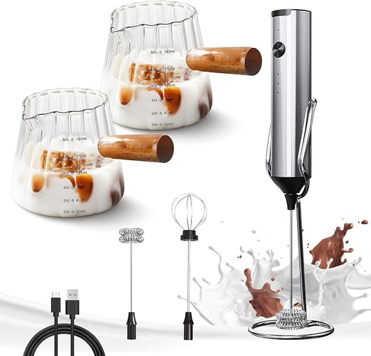 YARRAMATE Silver Powerful Milk Frother Wand & 180ML Glass Measuring Cups