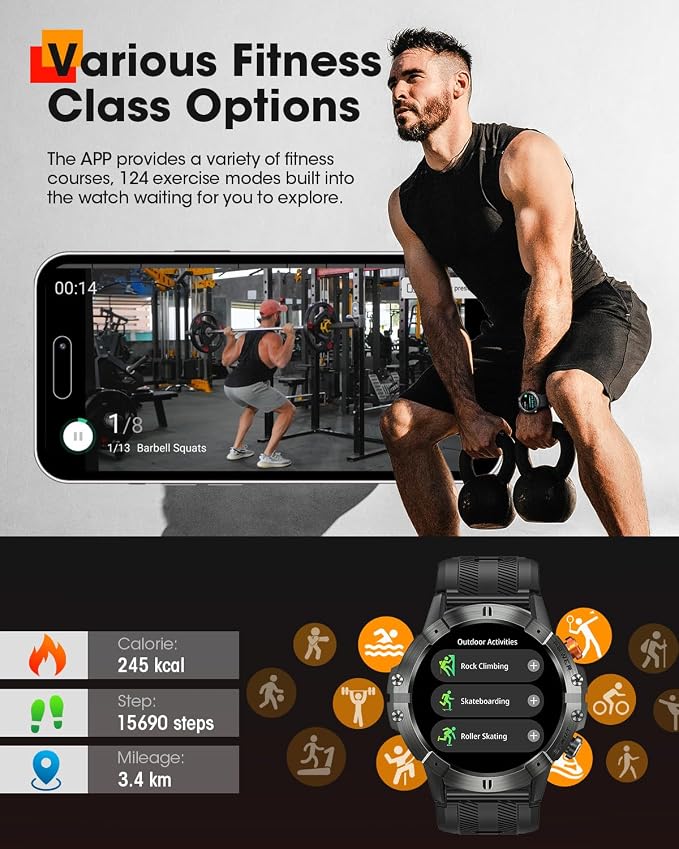 Smart Watches for Men(Waterproof/Call/Answer),Military Smart Watch with Heart Rate/Oxygen/Pressure/Sleep Monitor/124 Sports Modes, Fitness Tracker Tactical Watch for Android Phones/iPhone Black