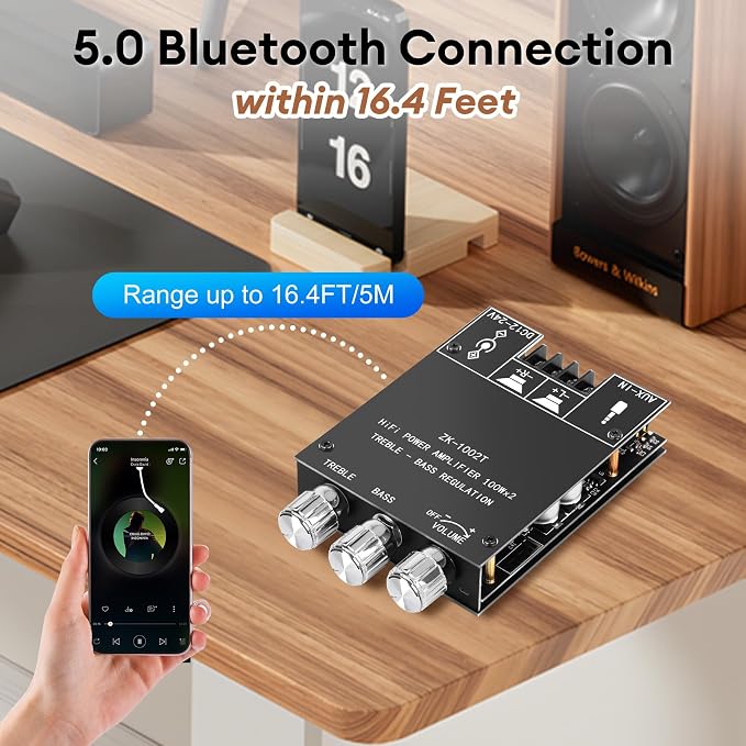 Daakro ZK-1002T Bluetooth Amplifier Board,100W+100W 2.0 Channel Amp Board w/Treble/Bass Control,DC 12-24V, BT/AUX Inputs,Audio Amp Board for Home DIY Wireless Speakers,Password Free (2PCS ZK-1002T)