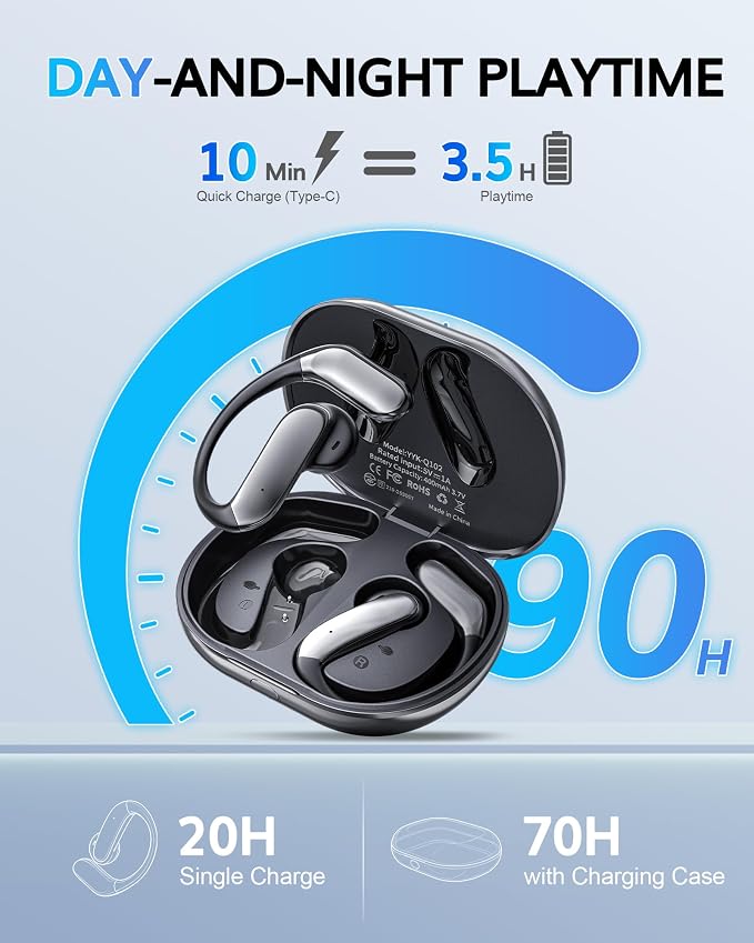 Ultra Open Ear Earbuds with Hooks 2026 Earbuds Wireless Bluetooth 6.1 Comfortable Bone Conduction Headphones 90H Playtime Audifonos Inalambricos for Running Workout Cycling (Black)