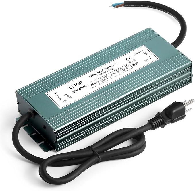 LLTOP 36v DC Power Supply 400w 11.1A Waterproof AC110v/120v to 36vdc Converter Constant Voltage Outdoor Transformer for Pump Humidifier LED Lights