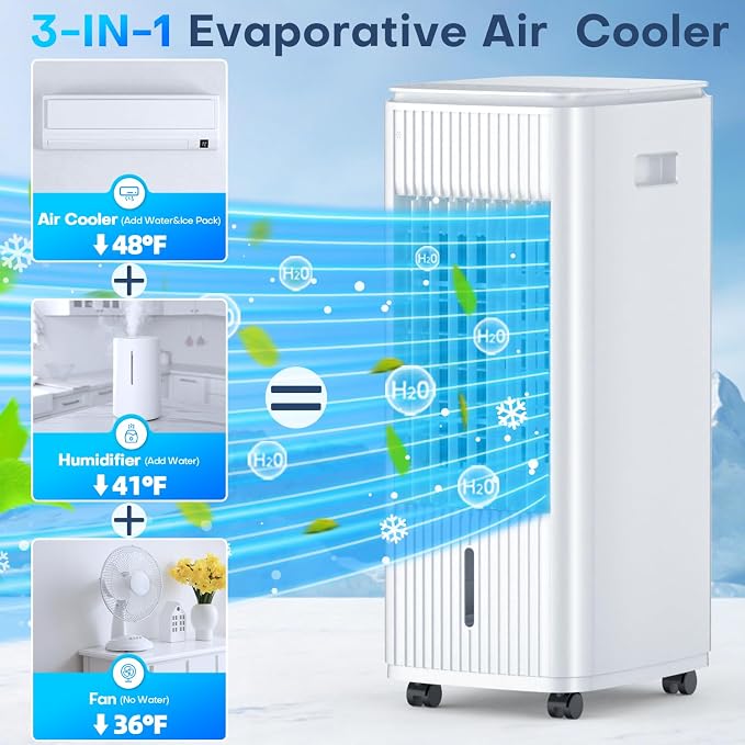 25" Windowless Portable Air Conditioners w/Double Tanks for 16H Cooling, 3-IN-1 Evaporative Air Cooler, Remote&Smart Timer, 3 Speed&Mode, 120° Swing Swamp Cooler Air Conditioner for Bedroom