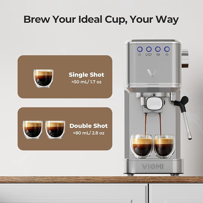 VIOMI T1A Espresso Machine 20 Bar, Compact Espresso Maker with Milk Frother, Coffee Machine with 37oz Removable Water Tank, Cold Brew Machines for Home Barista, Latte, Cappuccino Machine, Silver