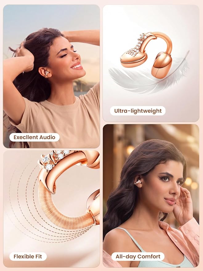 JewelPods C3 Wireless Bluetooth Earbuds, Jeweled Open-Ear Headphones, Pink | Ultra-Light Memory Wire Clip-On Earrings for All-Day Comfort, 60H Playtime, Sweat & Water Resistant, Premium Sound