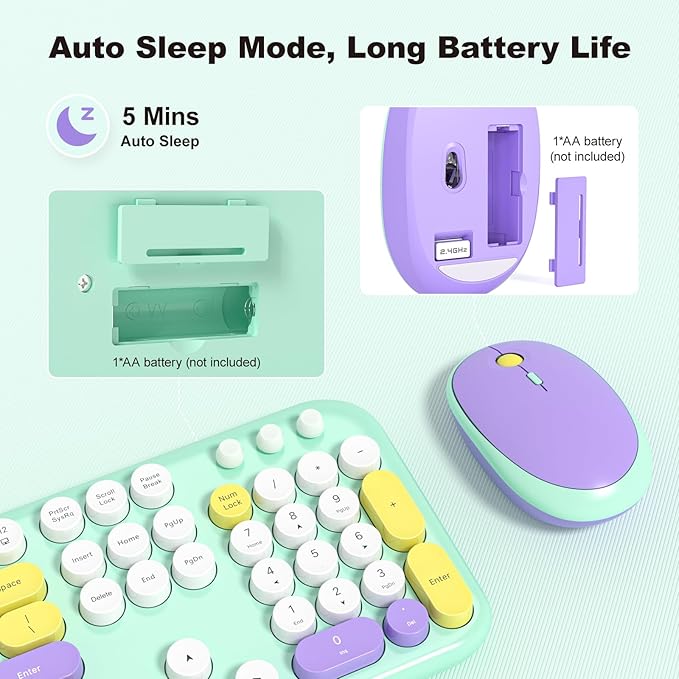 MOFII Wireless Keyboard and Mouse Combo, Full-Size Retro Typewriter-Style Wireless Keyboard with Optical Mouse for Computer/Laptop/Windows/Mac (Mint Colorful)